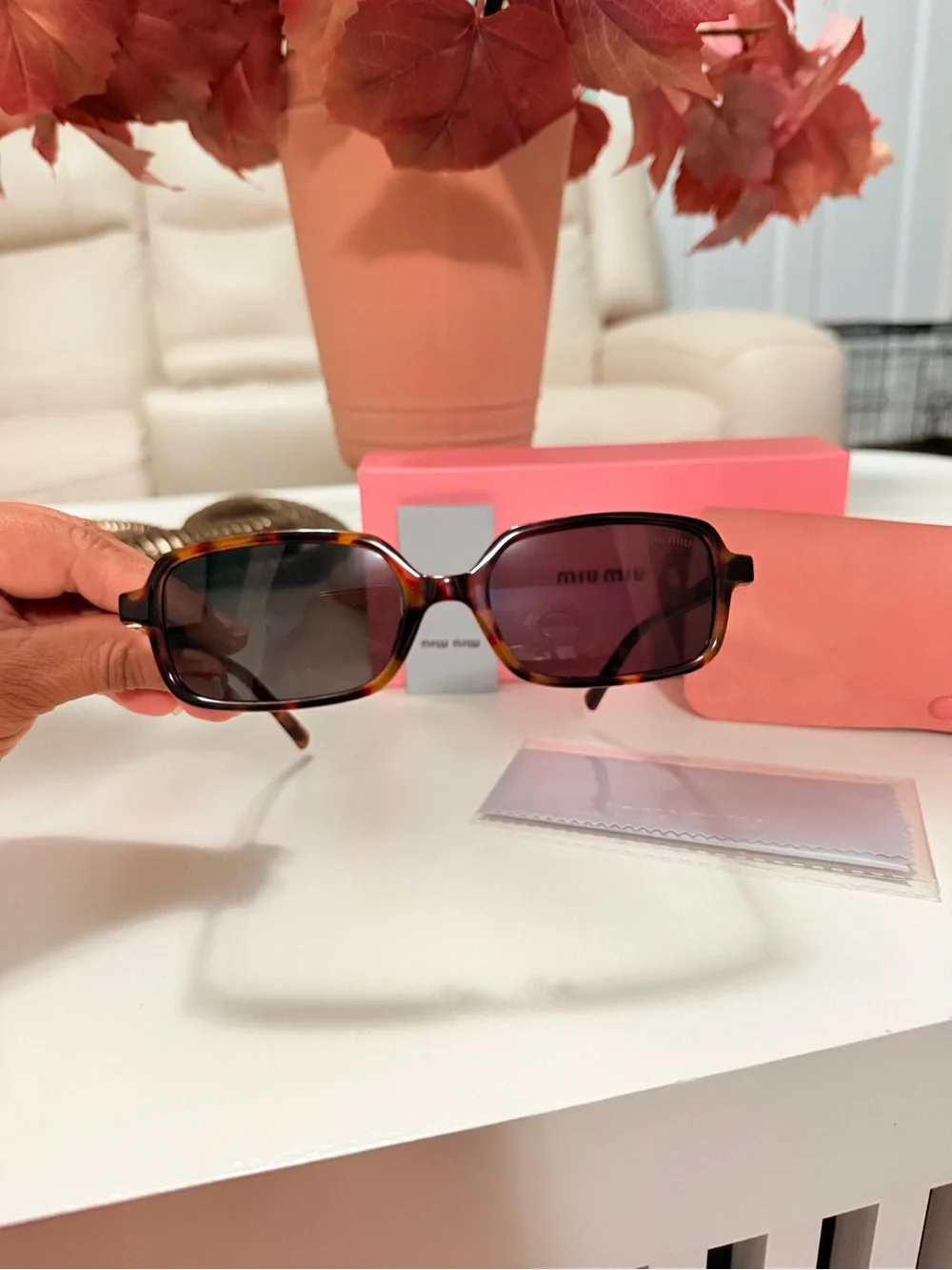 Miu Miu Tortoiseshell Sunglasses with Brown Lenses and Coral Pink Case